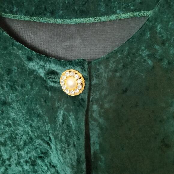 Vintage 80s Green Crushed Velvet Blazer Oversized Gold Buttons Collarless - Picture 3 of 4